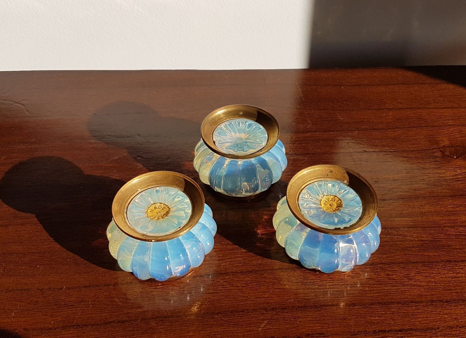 photo for sale Pre 1970s Italian Murano Opaline And Brass Ormulu 6 Pc Set, Att. To Fratelli Toso    Labelled