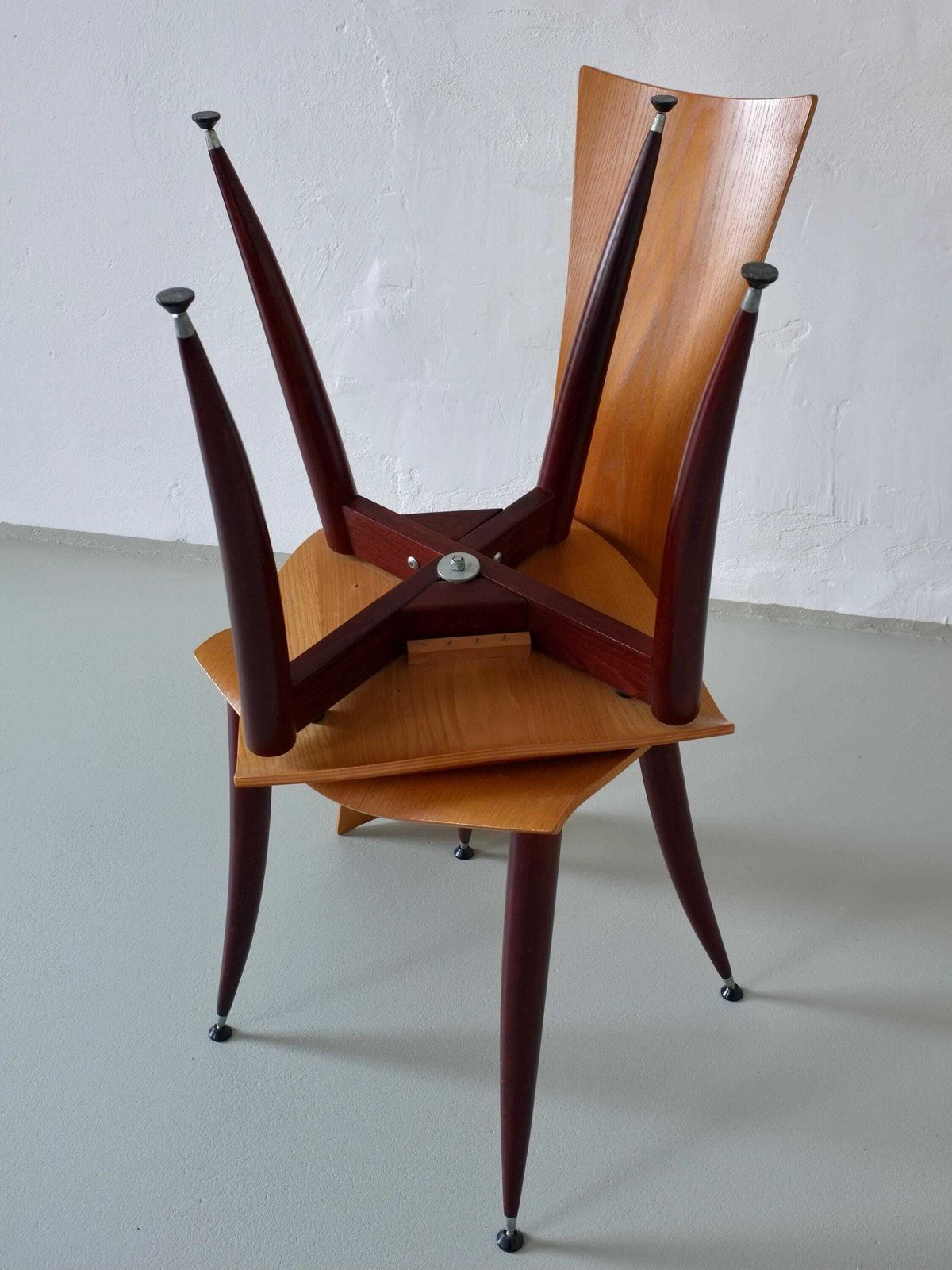 3 Plywood Burgundy Legs Chairs | Italy | 1980s photo vintage