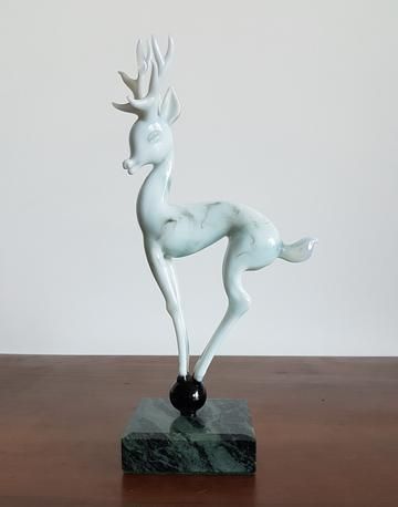 Istvan Komaromy Art Deco Lampworked Blue Glass Stag Sculpture On Marble Plinth Base, 1950s, British