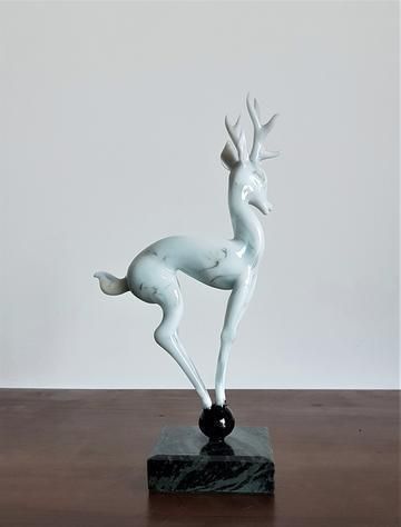 Istvan Komaromy Art Deco Lampworked Blue Glass Stag Sculpture On Marble Plinth Base, 1950s, British photo Art