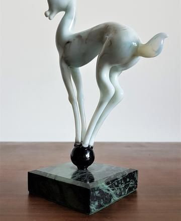 photo furniture Istvan Komaromy Art Deco Lampworked Blue Glass Stag Sculpture On Marble Plinth Base, 1950s, British