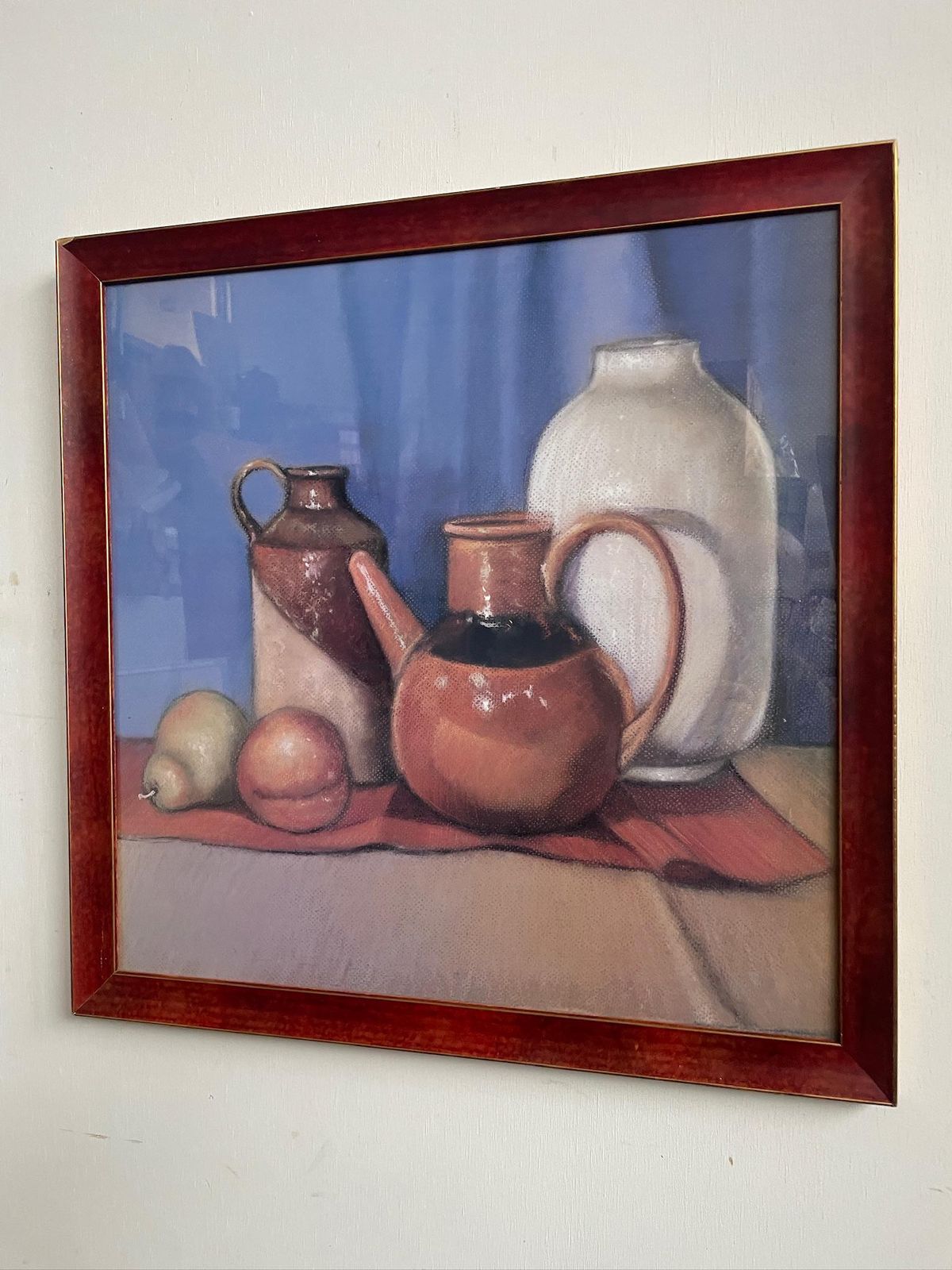 Vintage 1970s Still Life Poster Print Of Jugs And Fruit In Bevelled Deep Red Frame photo Art