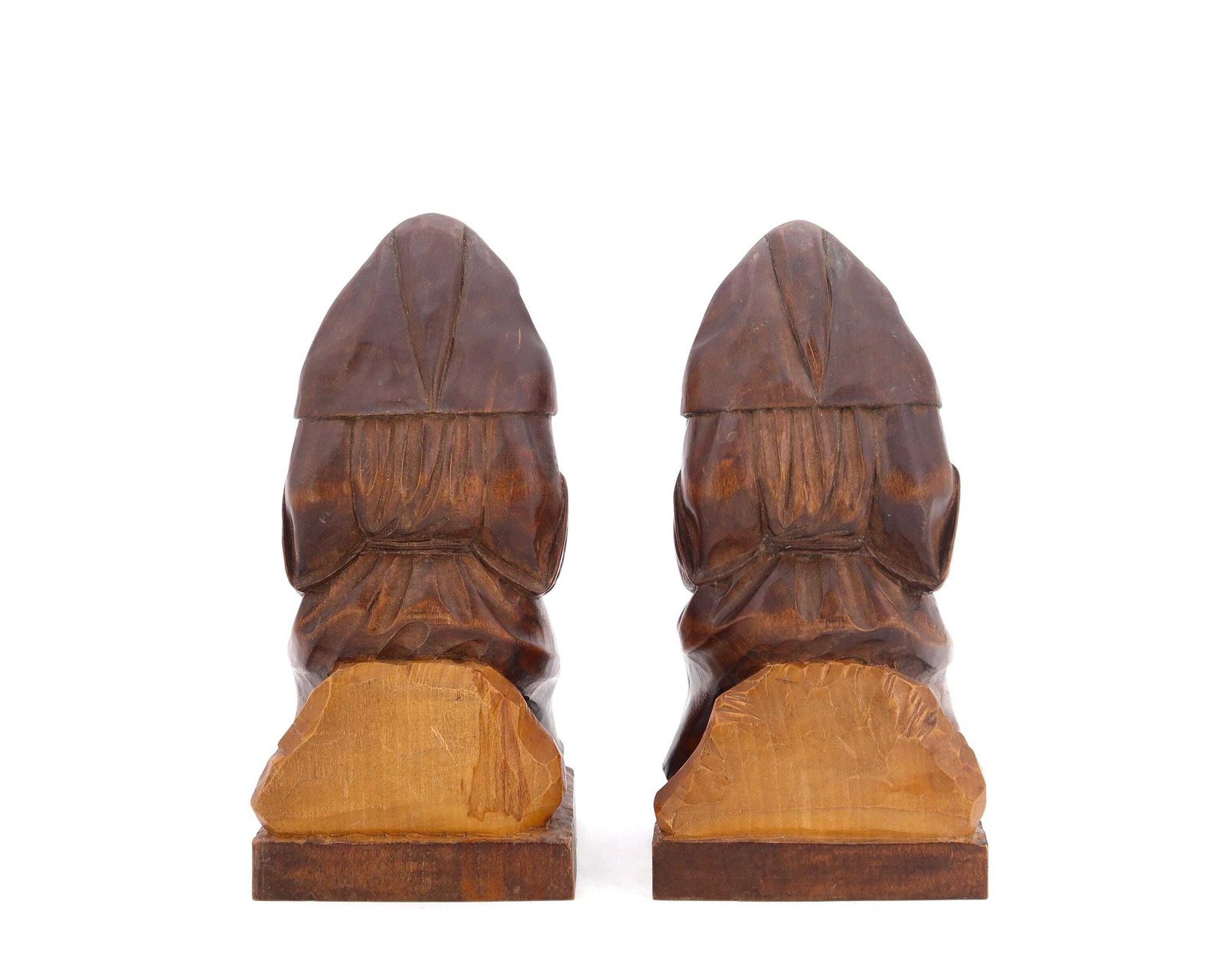 French Sculptural Carved Wood Bookends, Monks Reading, 1980s / Dark Wood, Sculpture, Art, Book End, Monastery photo vinterior