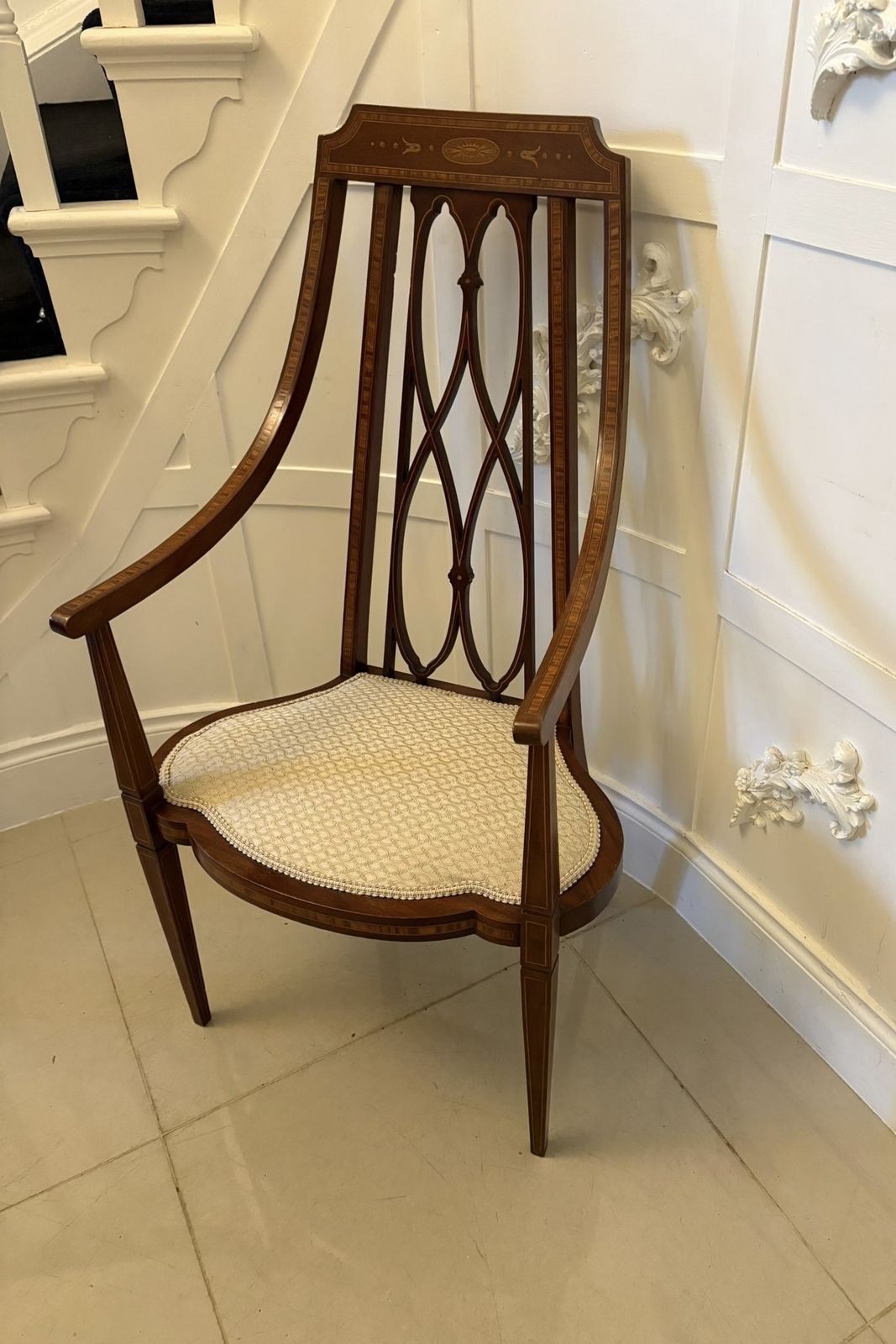 photo furniture Unusual Antique 19th Century Inlaid Mahogany Armchair
