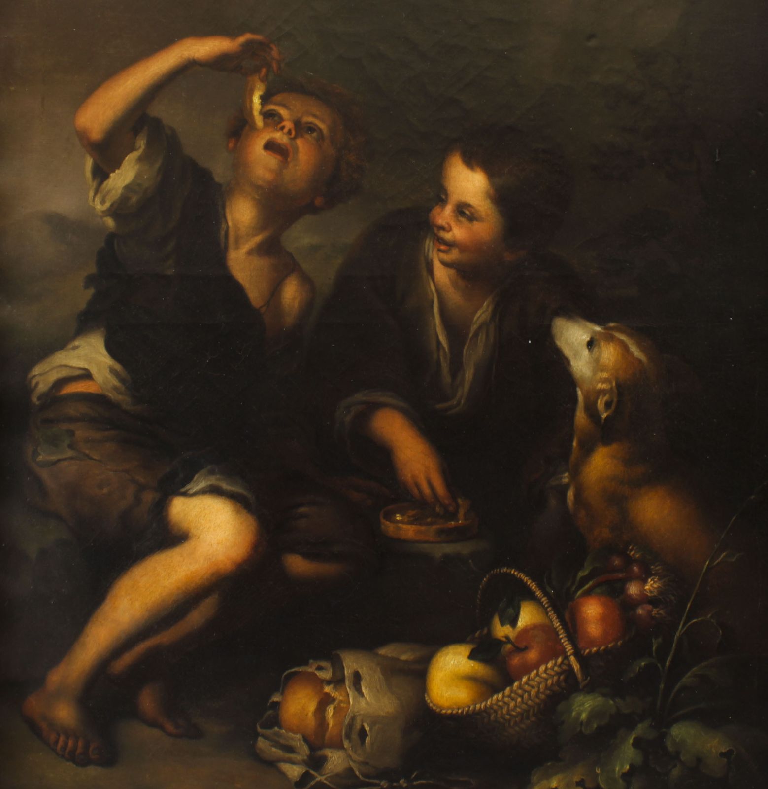 Antique Oil Painting Grape And Melon Eaters After Bartolome' Murillo  18th C photo for sale