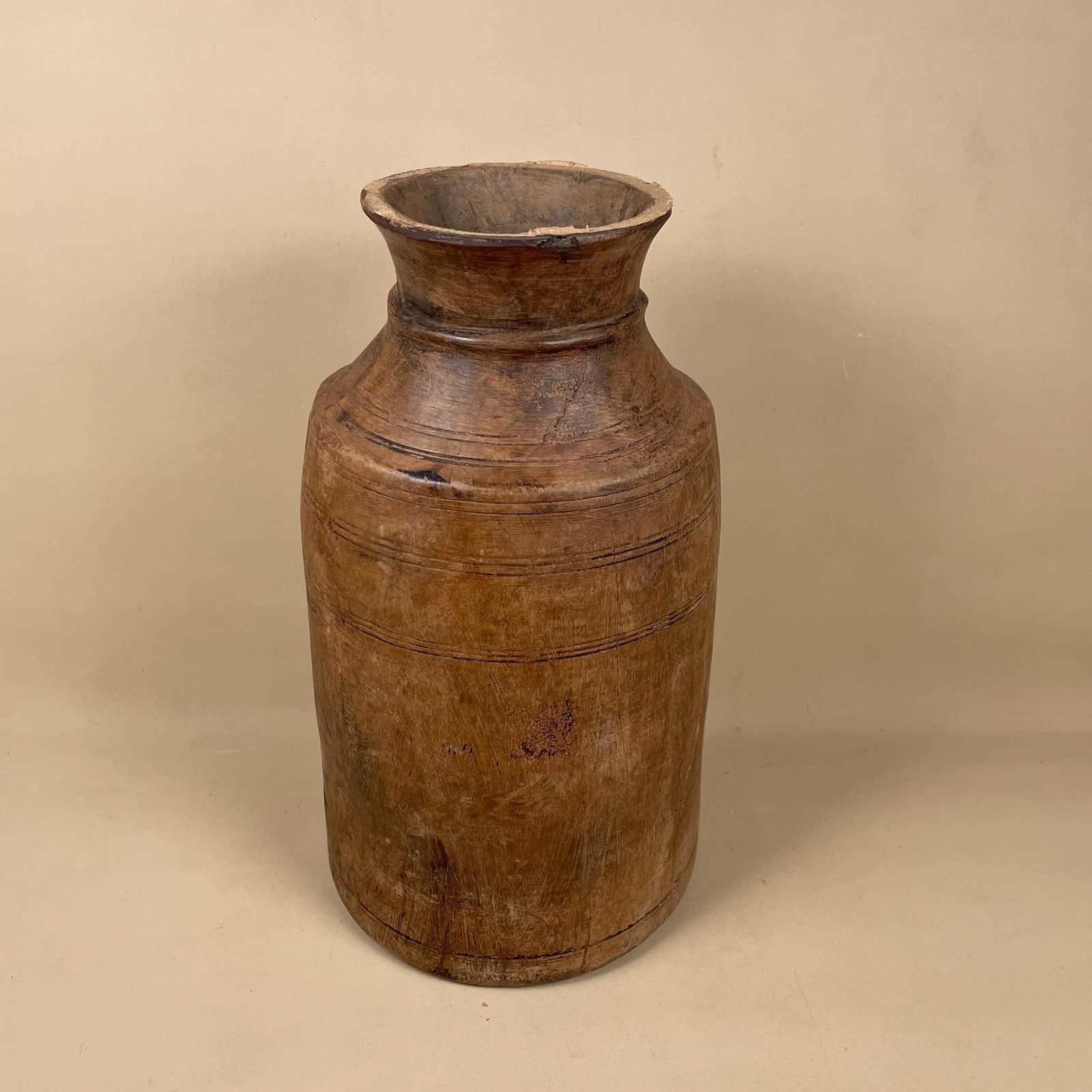 Antique Indian Wooden Vase Pot Handmade Brown Wood Decorative Carved Container Asian Old Traditional Original