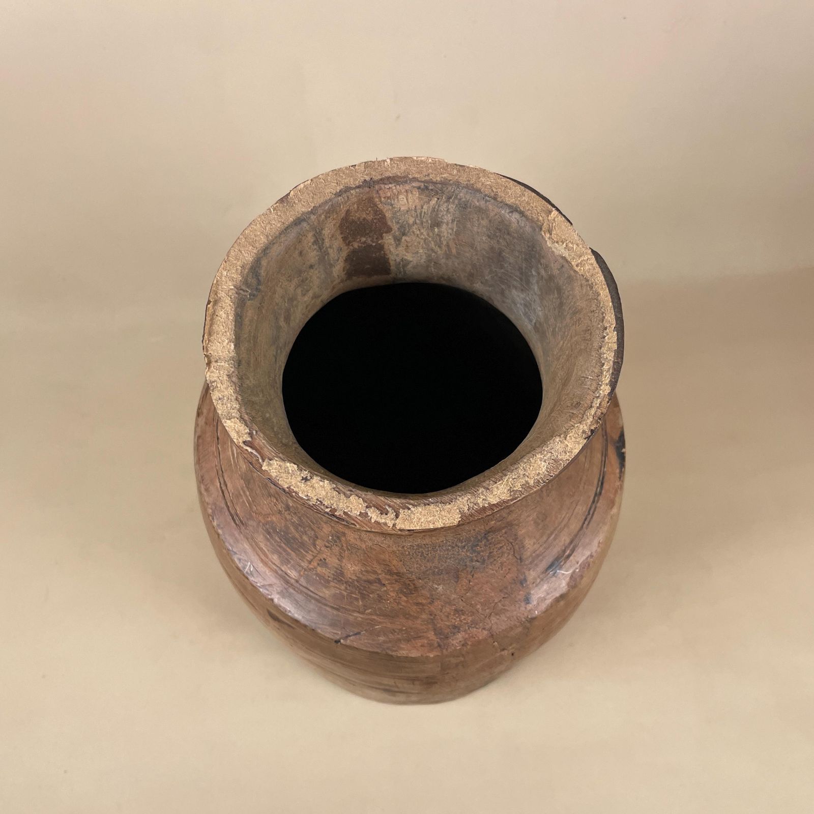 Antique Indian Wooden Vase Pot Handmade Brown Wood Decorative Carved Container Asian Old Traditional Original photo vintage