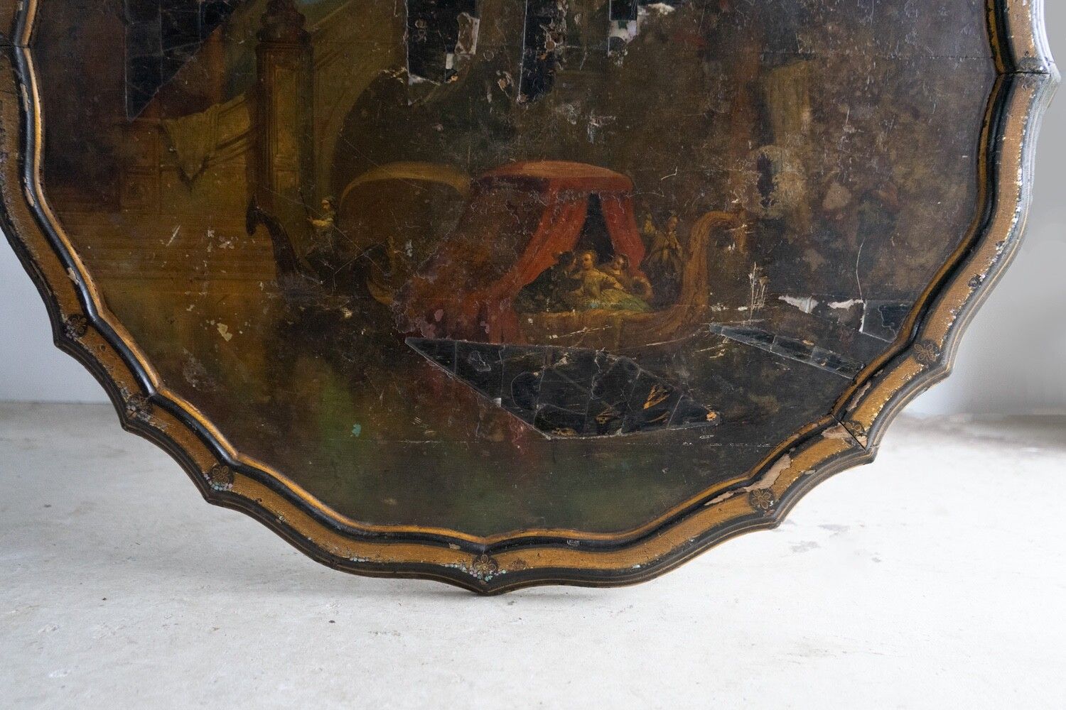 Antique French Napoleon III Lacquered Pedestal Table, Inlaid Hand Painted 19th C photo Furniture