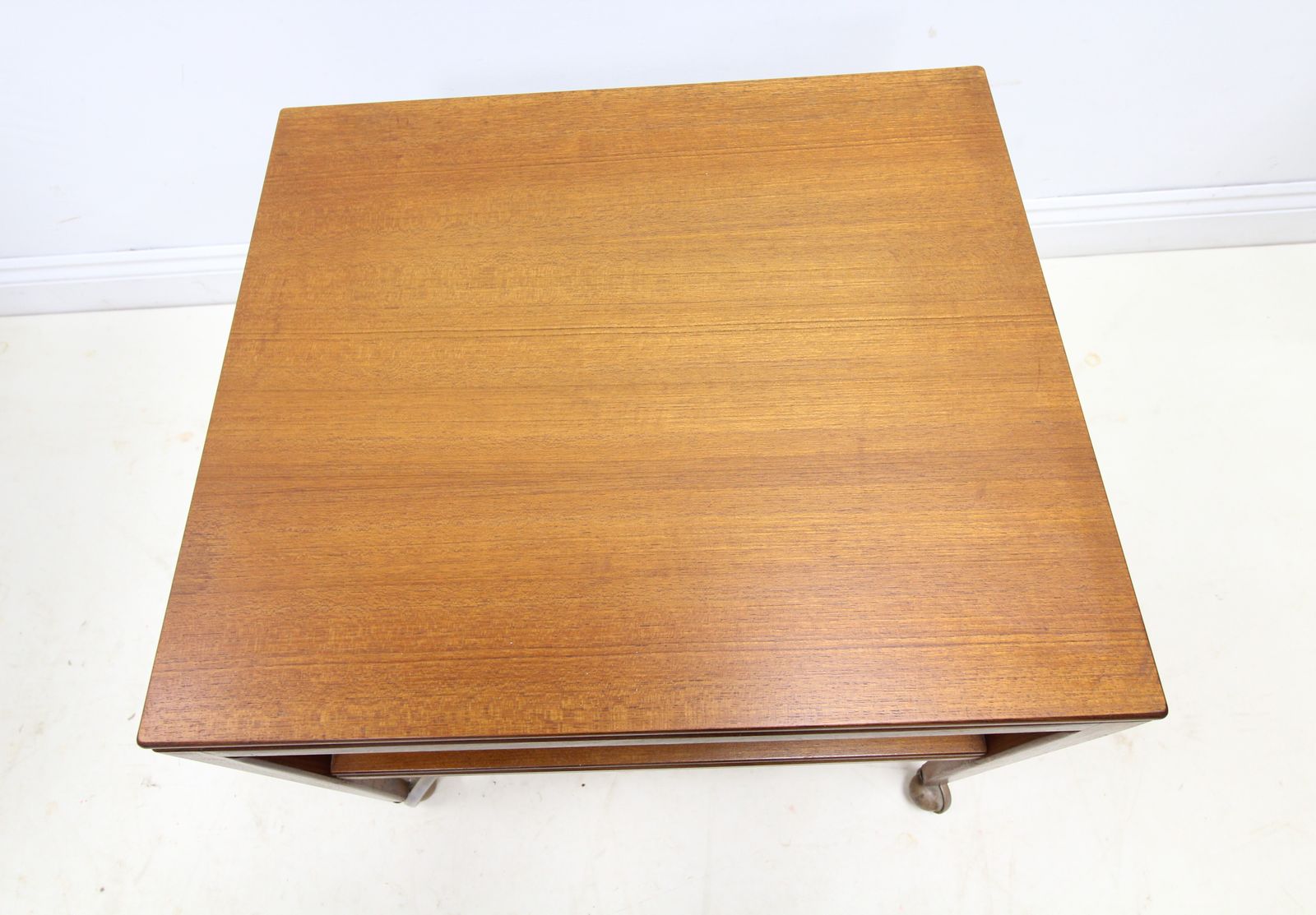 Mid Century Danish Style 2 Tier Teak Side Table On Castors photo vintage