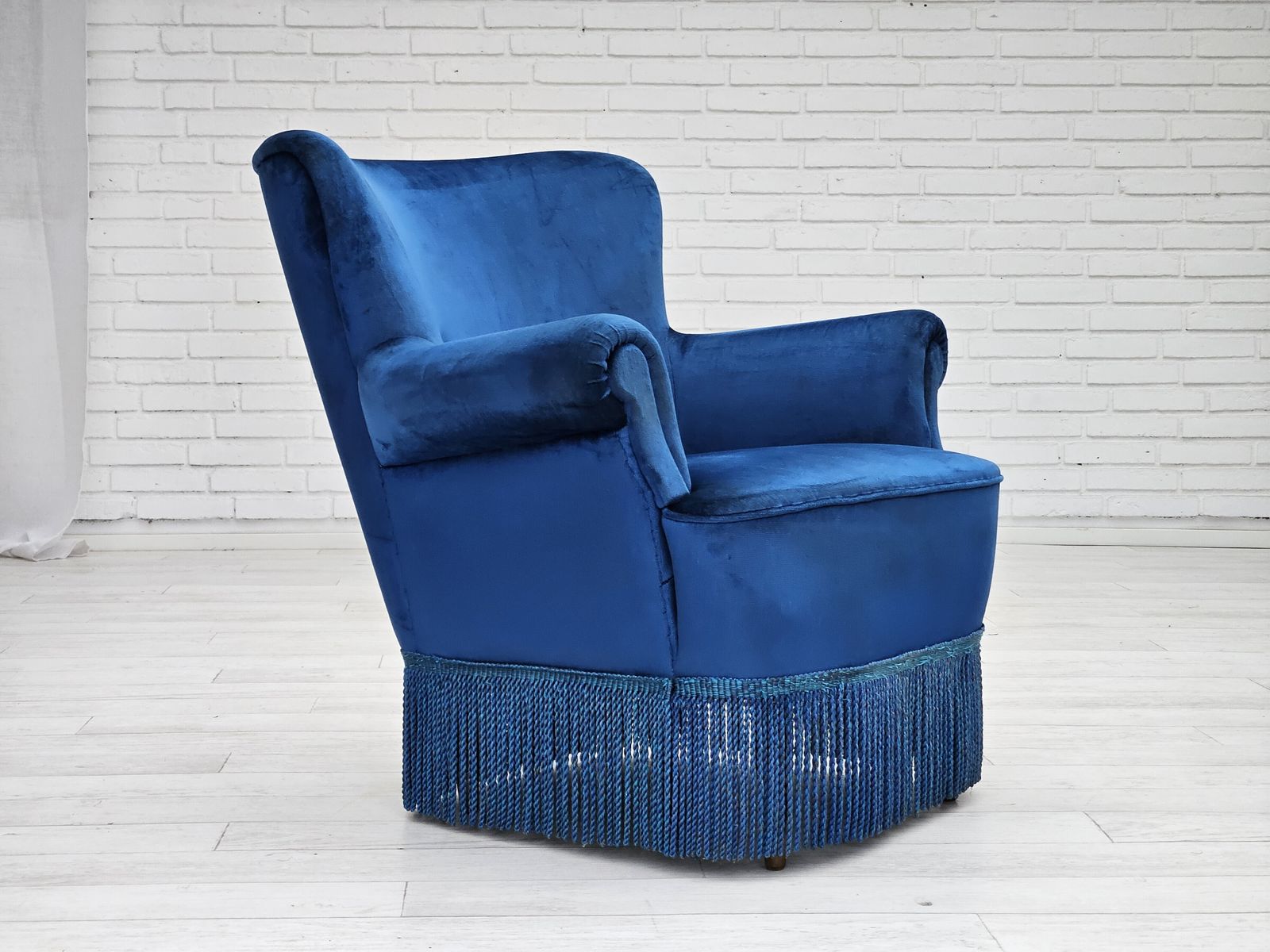 1960s, Danish Lounge Chair, Blue Furniture Velour, Beech Wood Legs. photo furniture