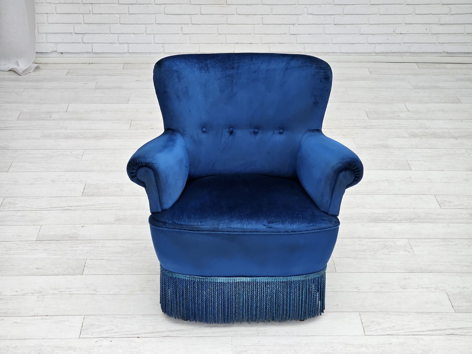photo for sale 1960s, Danish Lounge Chair, Blue Furniture Velour, Beech Wood Legs.