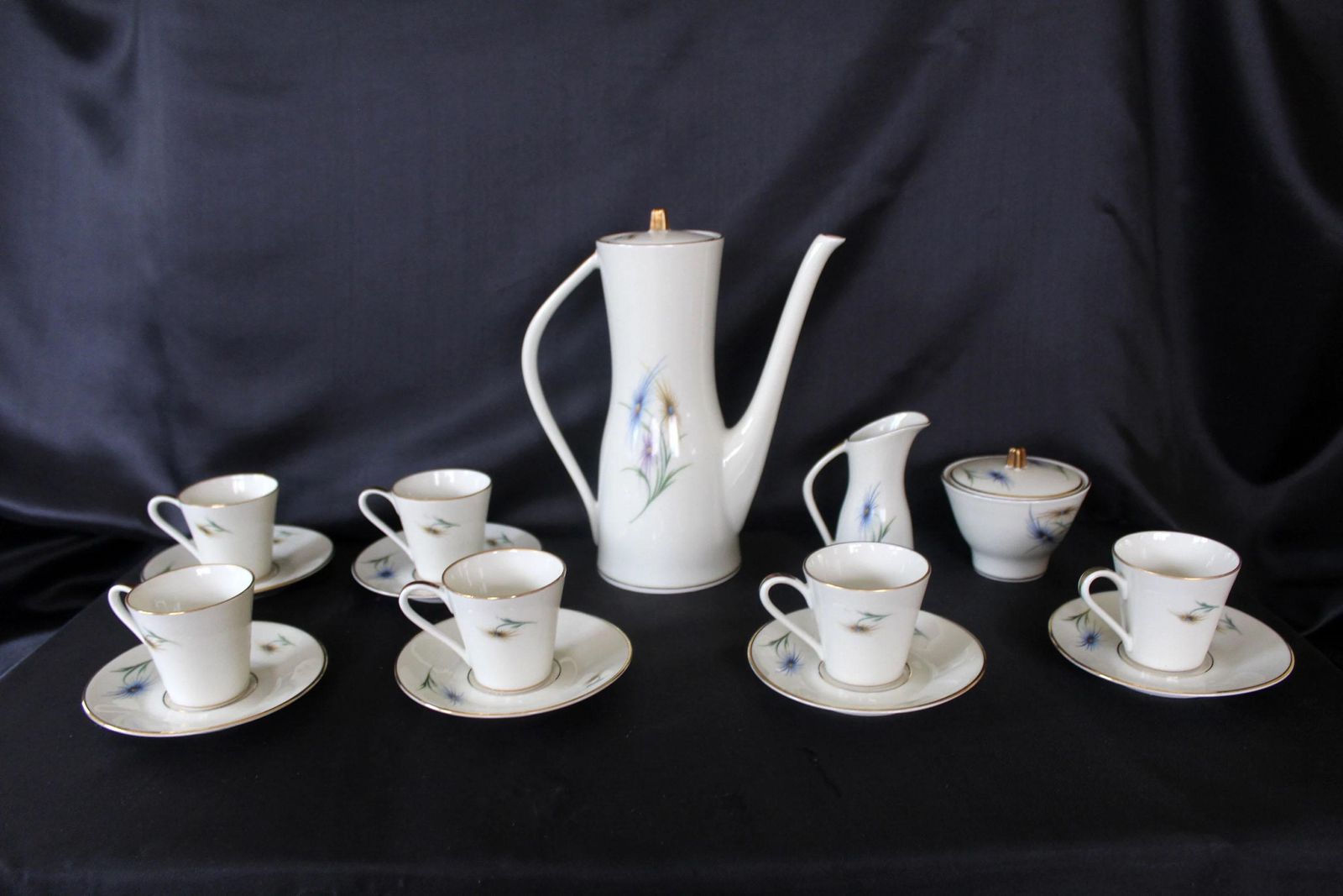 photo furniture 17 Piece Vintage Edelstein Bavaria Porcelain Coffee Set, 6 Cups And Saucer, Lidded Sugar Bowl, Creamer, Coffee Pot With Lid