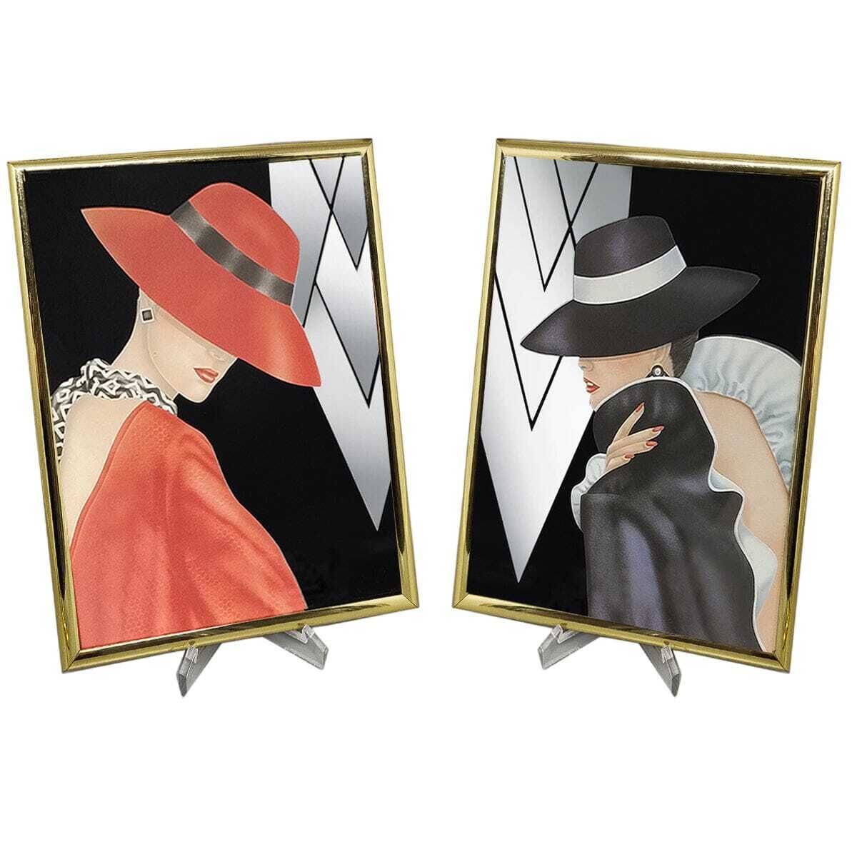 1980s Pair Of Framed Prints "Glam Girl" By Ferraro. Made In U.S.A.