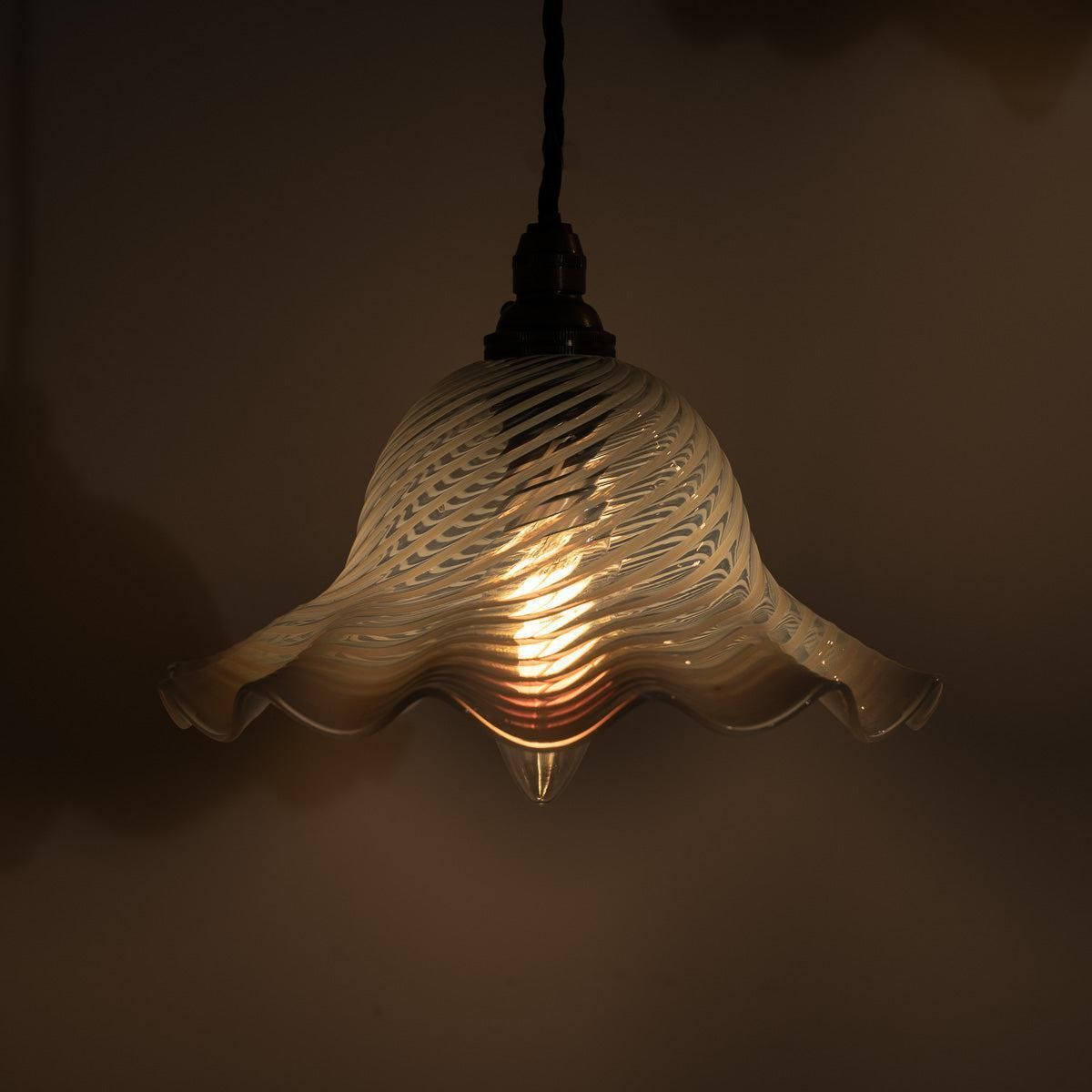 Elegant Vaseline Iridescent Glass Spiral Tulip Shades With Frilled Edges photo furniture