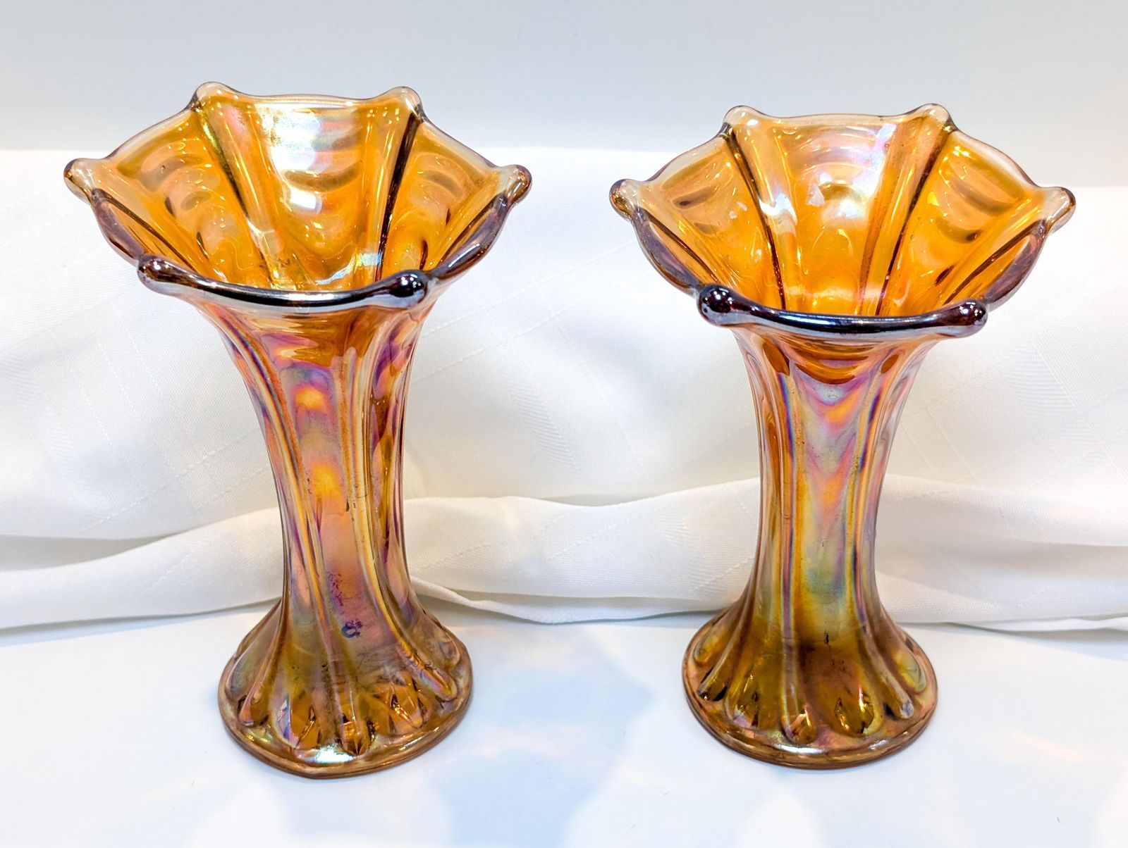 Pair Of Fenton Imperial Marigold Carnival Glass Bud Vases. Collectible Glass, Amber Glass, Vase, Carnival, Fenton, Imperial Mid Century