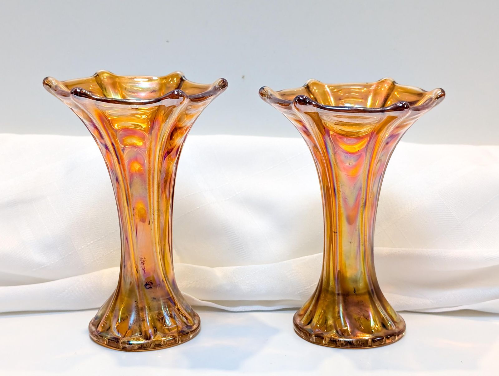 Pair Of Fenton Imperial Marigold Carnival Glass Bud Vases. Collectible Glass, Amber Glass, Vase, Carnival, Fenton, Imperial Mid Century photo furniture