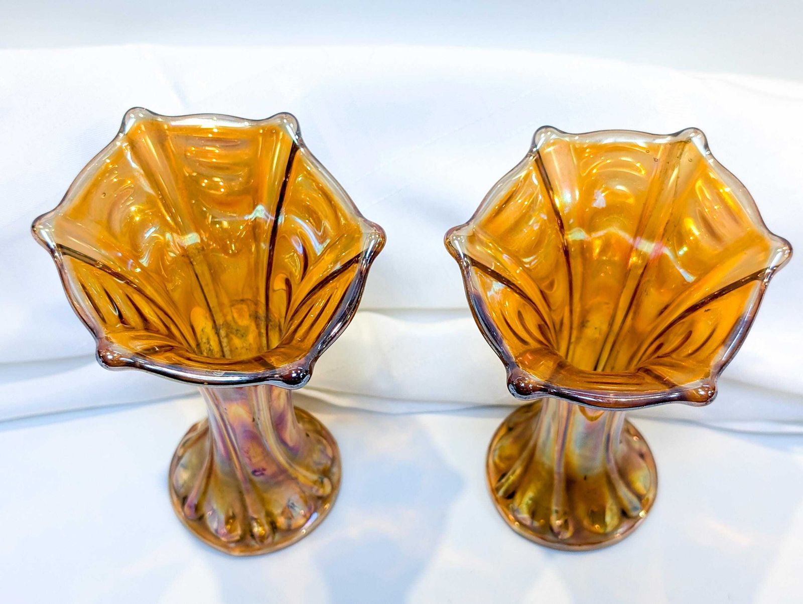 Pair Of Fenton Imperial Marigold Carnival Glass Bud Vases. Collectible Glass, Amber Glass, Vase, Carnival, Fenton, Imperial Mid Century photo for sale