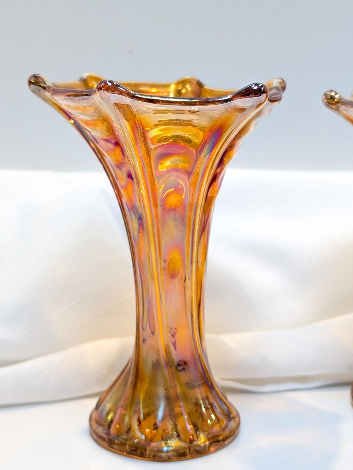Pair Of Fenton Imperial Marigold Carnival Glass Bud Vases. Collectible Glass, Amber Glass, Vase, Carnival, Fenton, Imperial Mid Century photo vinterior