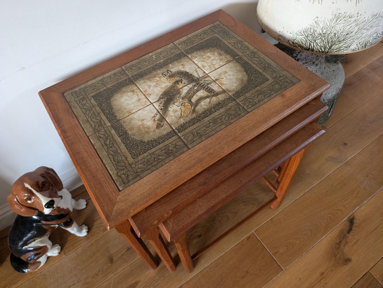 Mid Century 1960s Mobelfabrikkken Toften Danish Nest Of Tiled Top Tables. Amazing Vintage Condition. Mid Century Modern With Bird Design.