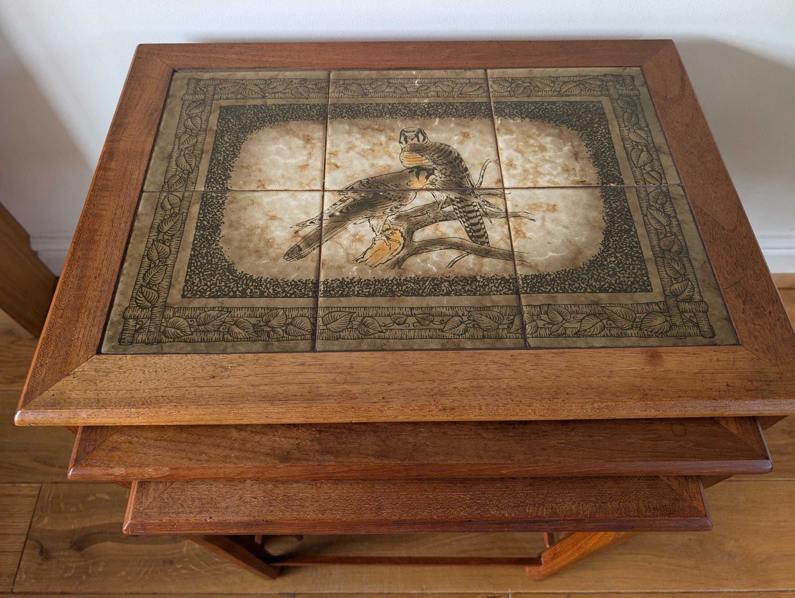 Mid Century 1960s Mobelfabrikkken Toften Danish Nest Of Tiled Top Tables. Amazing Vintage Condition. Mid Century Modern With Bird Design. photo buy