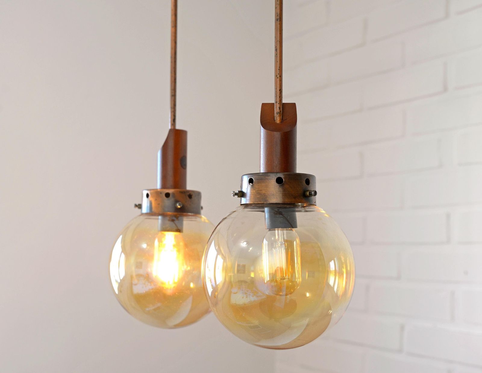 Vintage Pendant Light / Set Of 2 / Mid Century Rustic Lamp / Wooden Hanging Lamp / Yugoslavia 70 / Copper Ceiling Lighting / Farmhouse Lamp