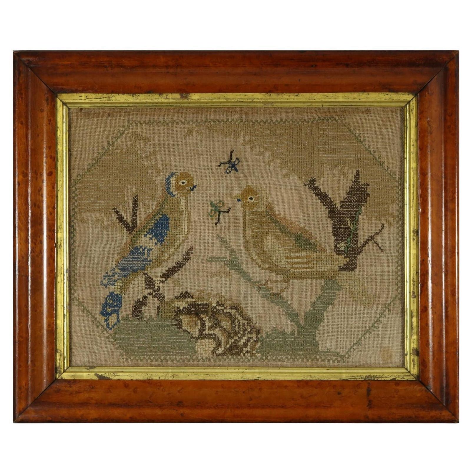 Antique Embroidered Picture Of A Pair Of Birds.