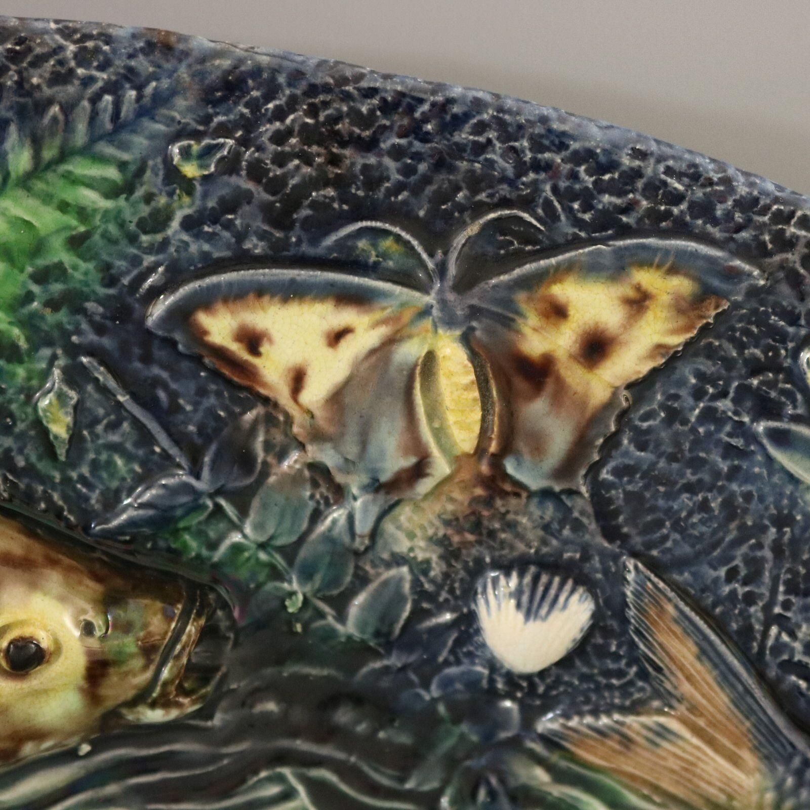 Large School Of Paris Palissy Majolica Wall Platter With Snake And Fish photo buy
