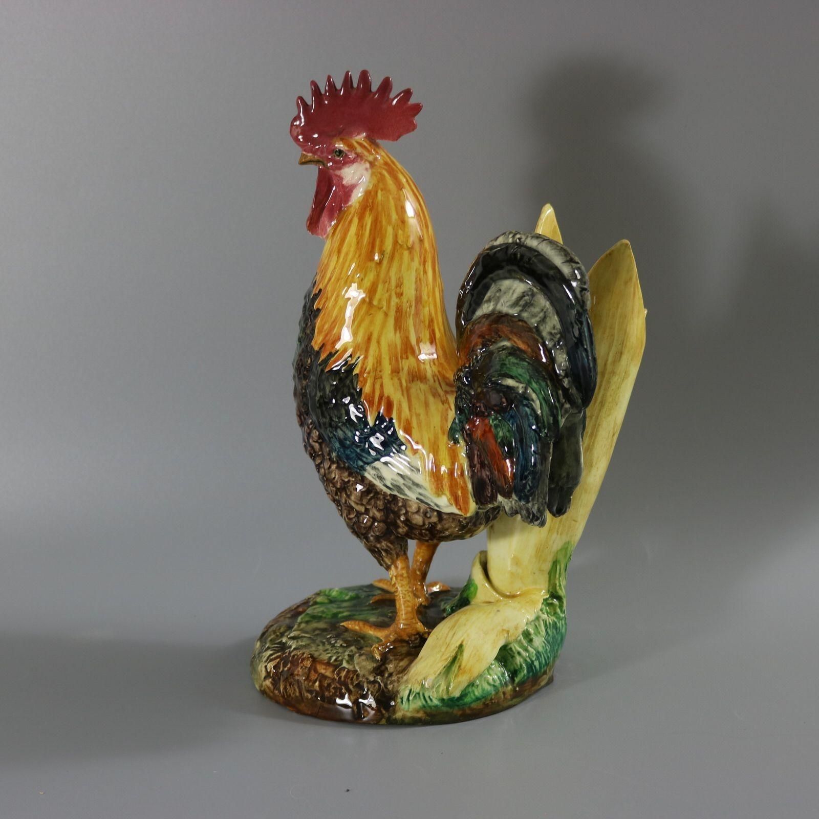 Delphin Massier Majolica Cockerel/Rooster Vase photo for sale
