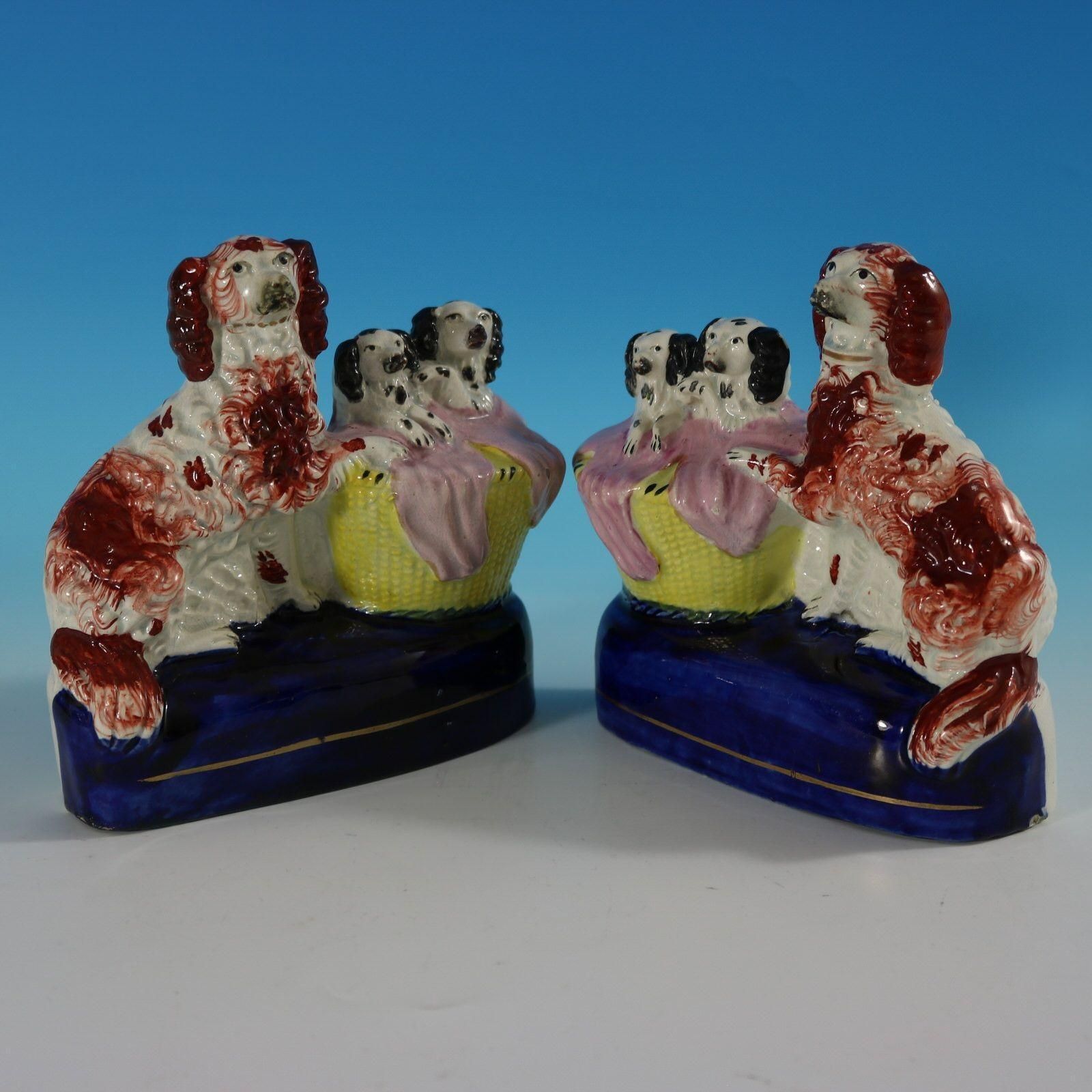Pair Staffordshire Spaniel And Pups In Wash Baskets photo vintage