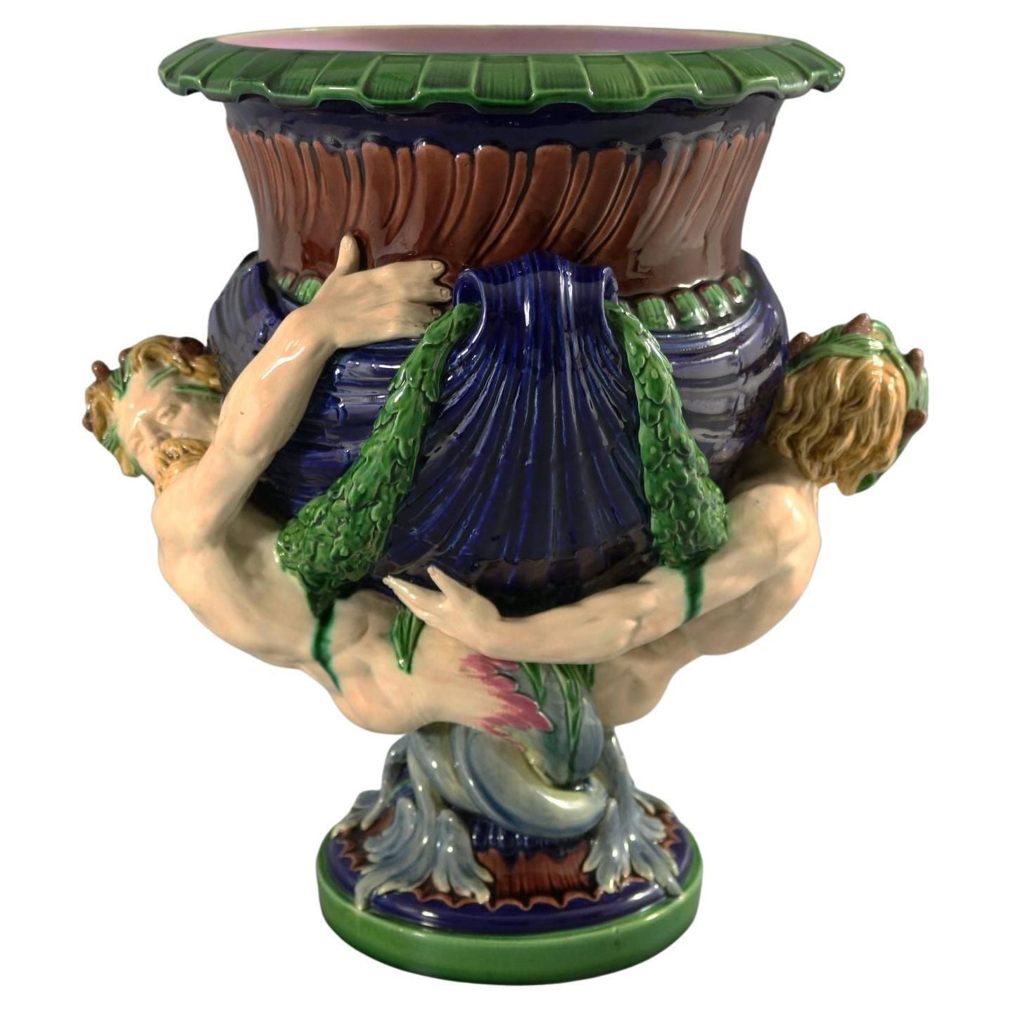 Victorian Minton Majolica Marine Mermen Jardiniere Pink Interior