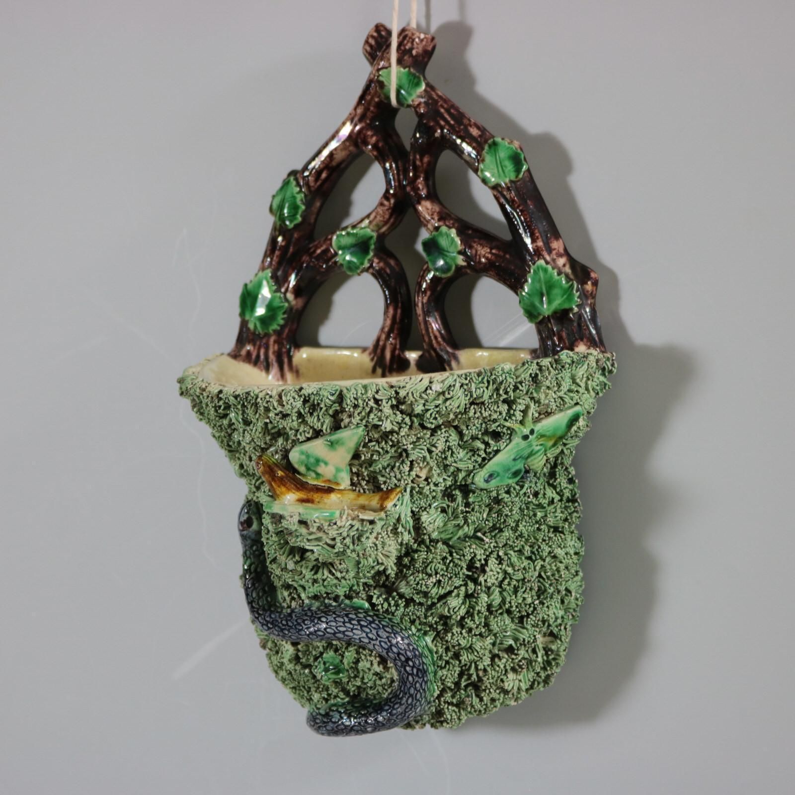 Portuguese Palissy Majolica Snake & Bird Wall Pocket photo for sale