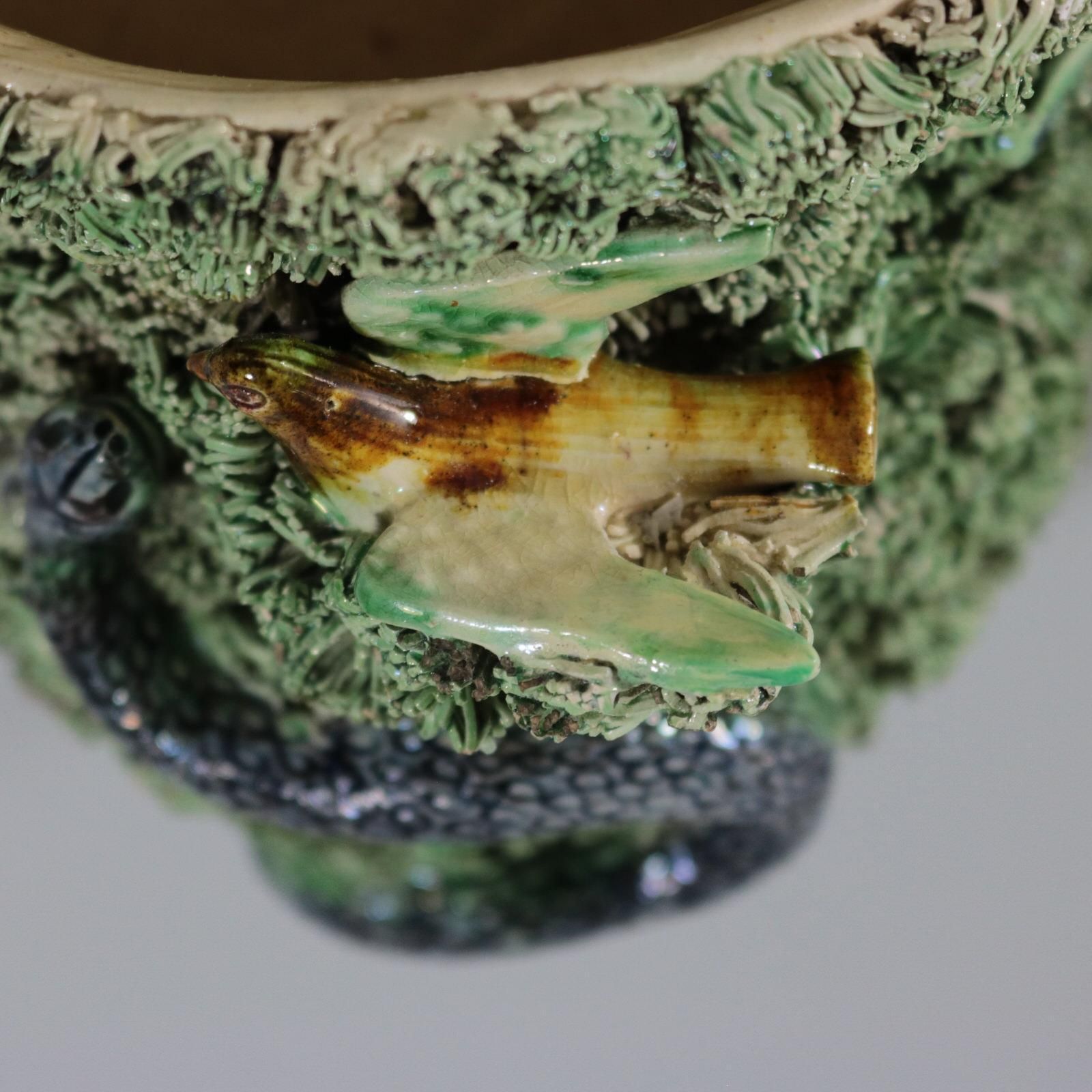 Portuguese Palissy Majolica Snake & Bird Wall Pocket photo vintage
