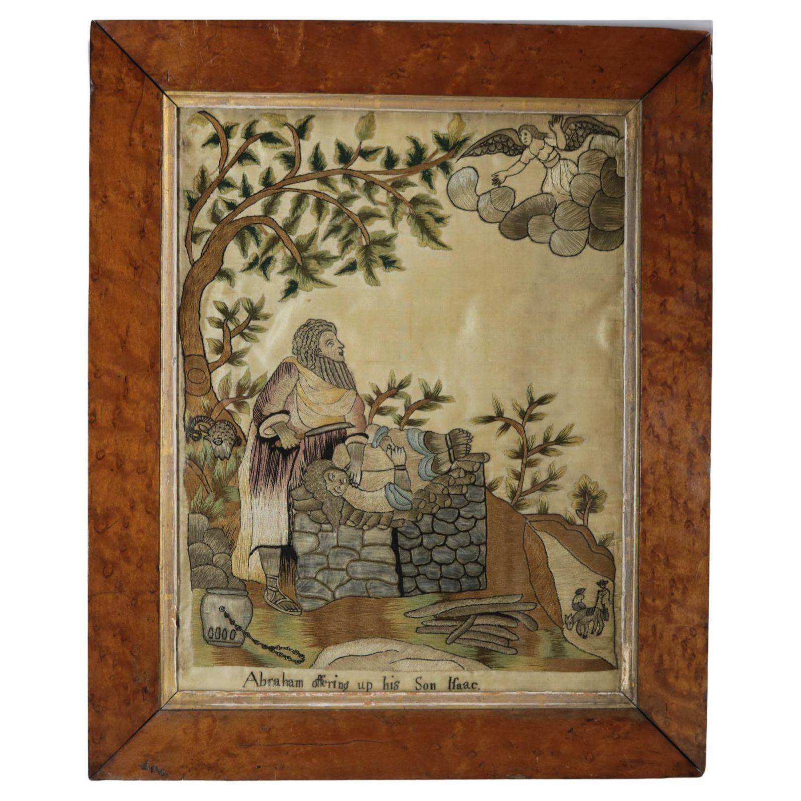 Antique Silkwork Embroidery 'Abraham Offering Up His Son Isaac'