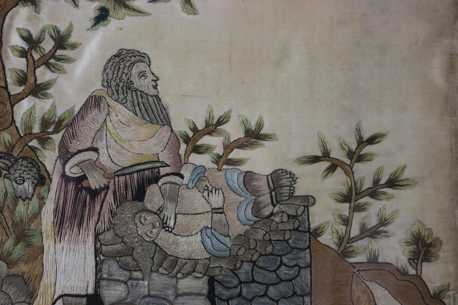 Antique Silkwork Embroidery 'Abraham Offering Up His Son Isaac' photo for sale