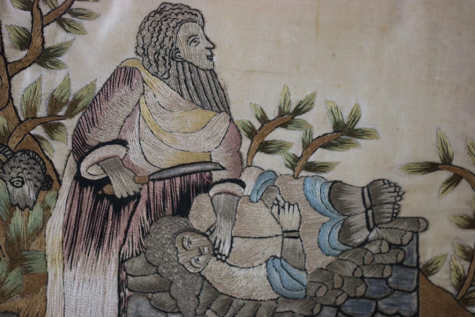 Art Antique Silkwork Embroidery 'Abraham Offering Up His Son Isaac' photo