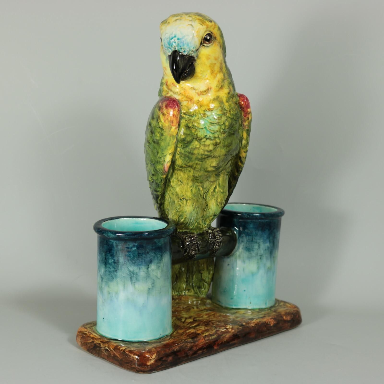 Delphin Massier Majolica Parrot Figural Vase photo vintage