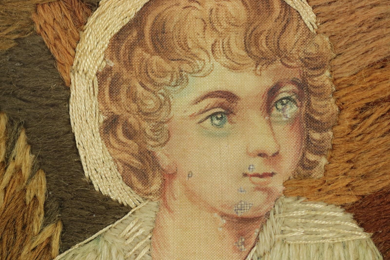 Art Georgian Woolwork Picture Of Child Playing With Cat photo