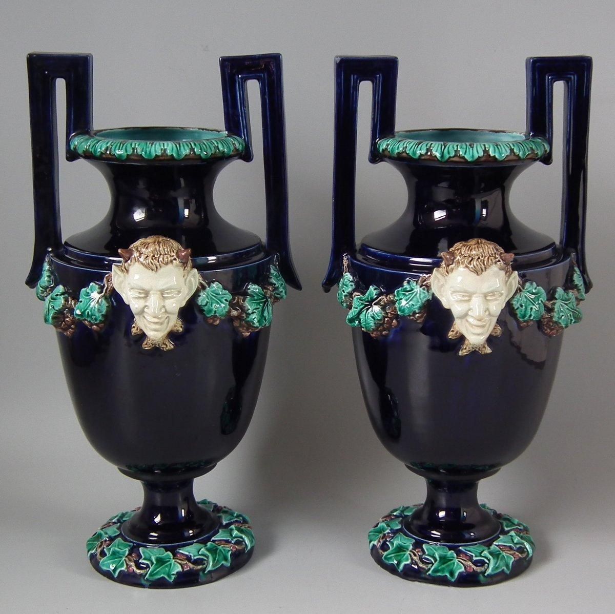 Pair Of Hugo Lonitz Majolica Satyr Vases photo for sale
