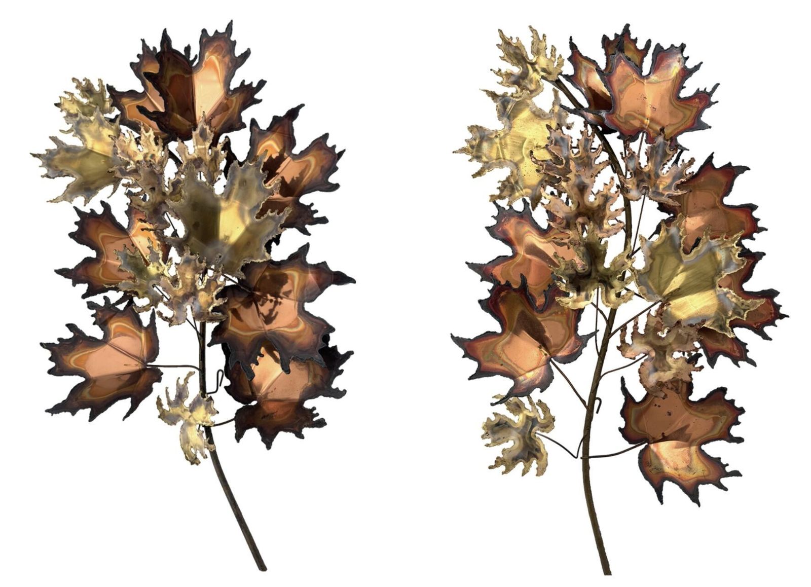 Art A Pair Of Large 1970s Curtis Jere Torch Cut Brass And Bronze Maple Leaf Sculptures photo