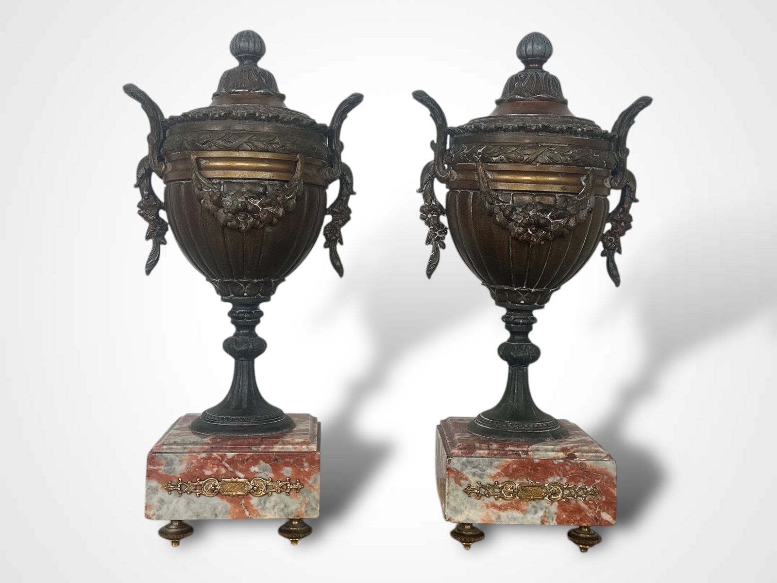 Pair Of French Spelters Urns On Marble Bases photo 395.0