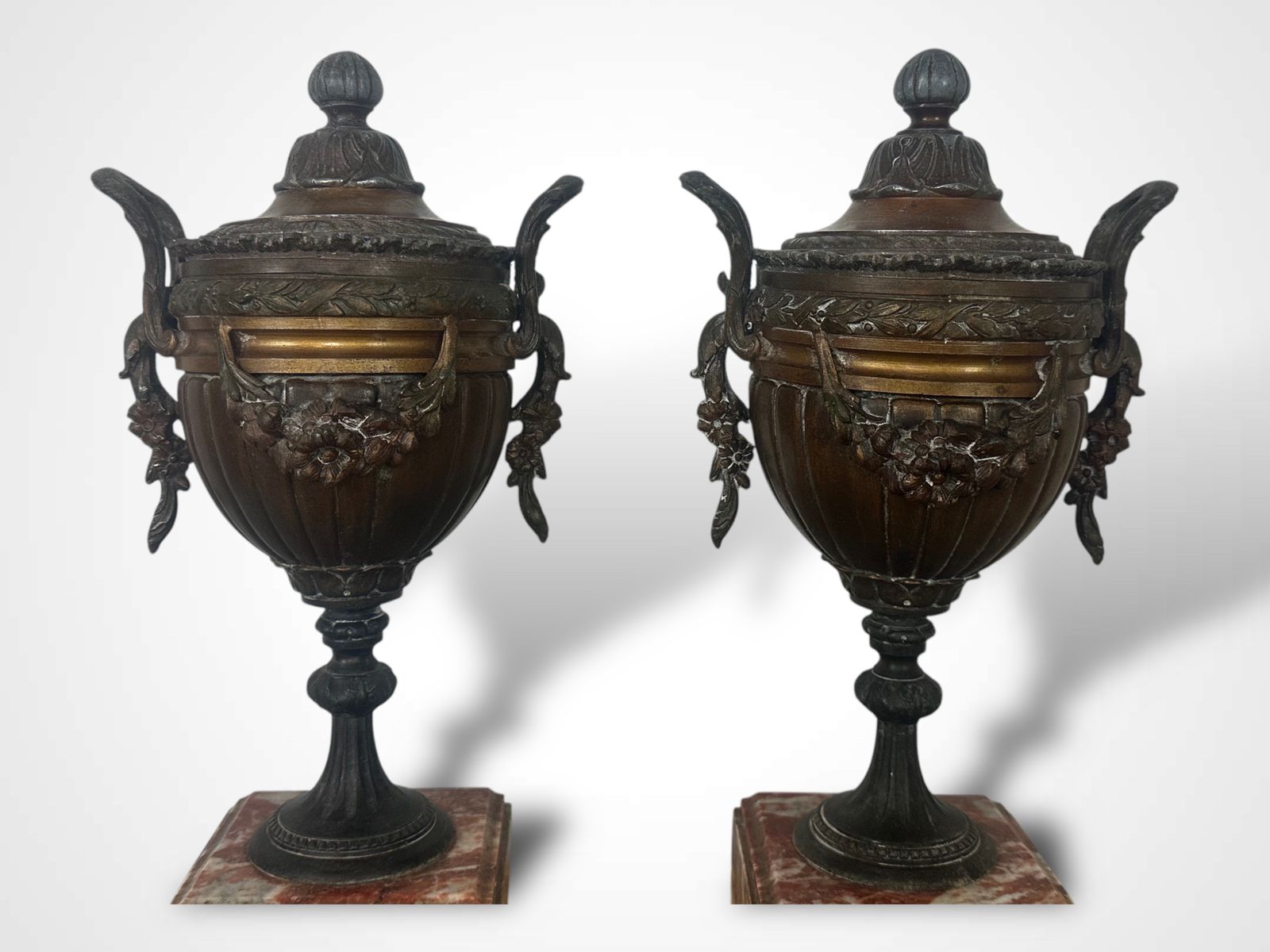 Pair Of French Spelters Urns On Marble Bases photo vinterior