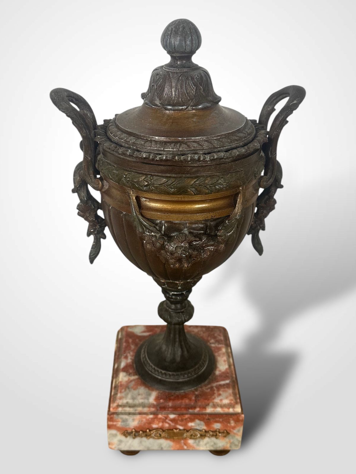395.0 Pair Of French Spelters Urns On Marble Bases photo