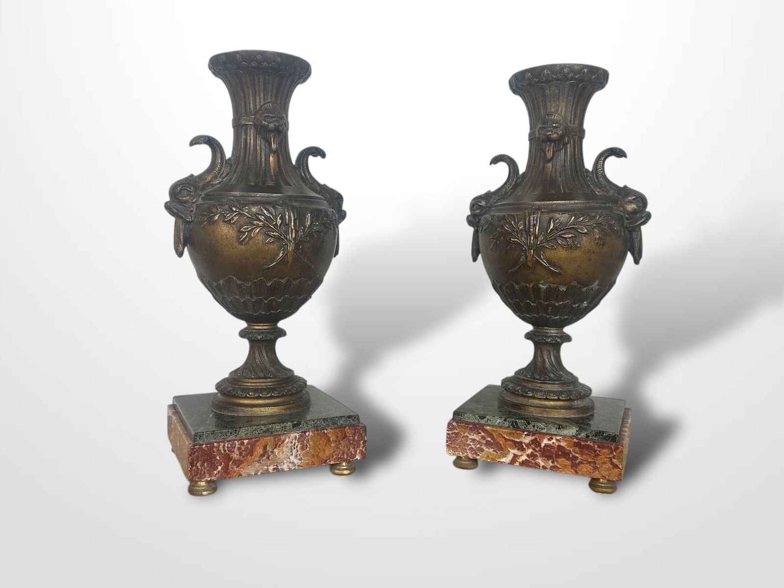 Pair Of French Spelter Vases Urns On Marble Bases photo furniture