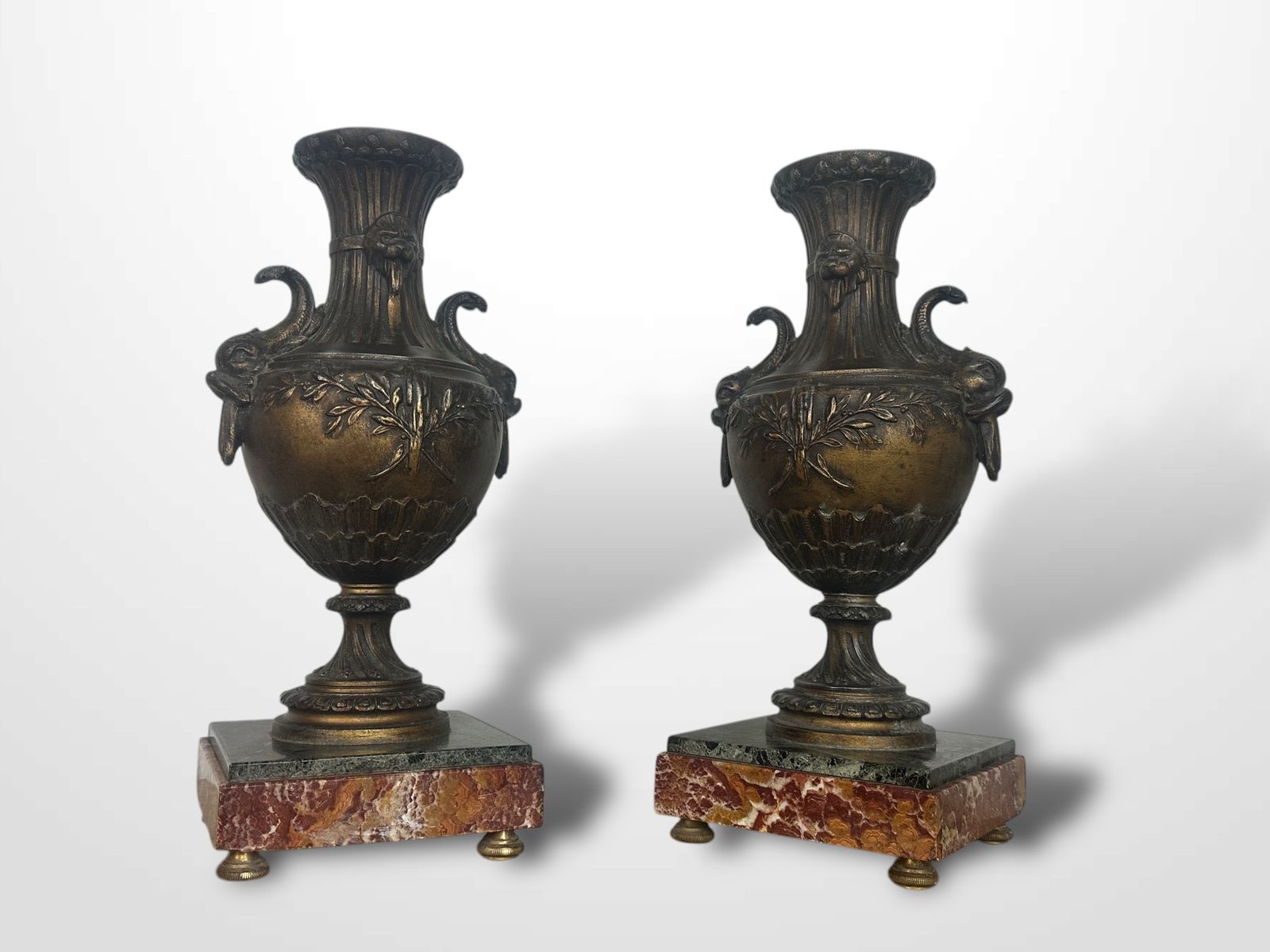 Pair Of French Spelter Vases Urns On Marble Bases photo vintage