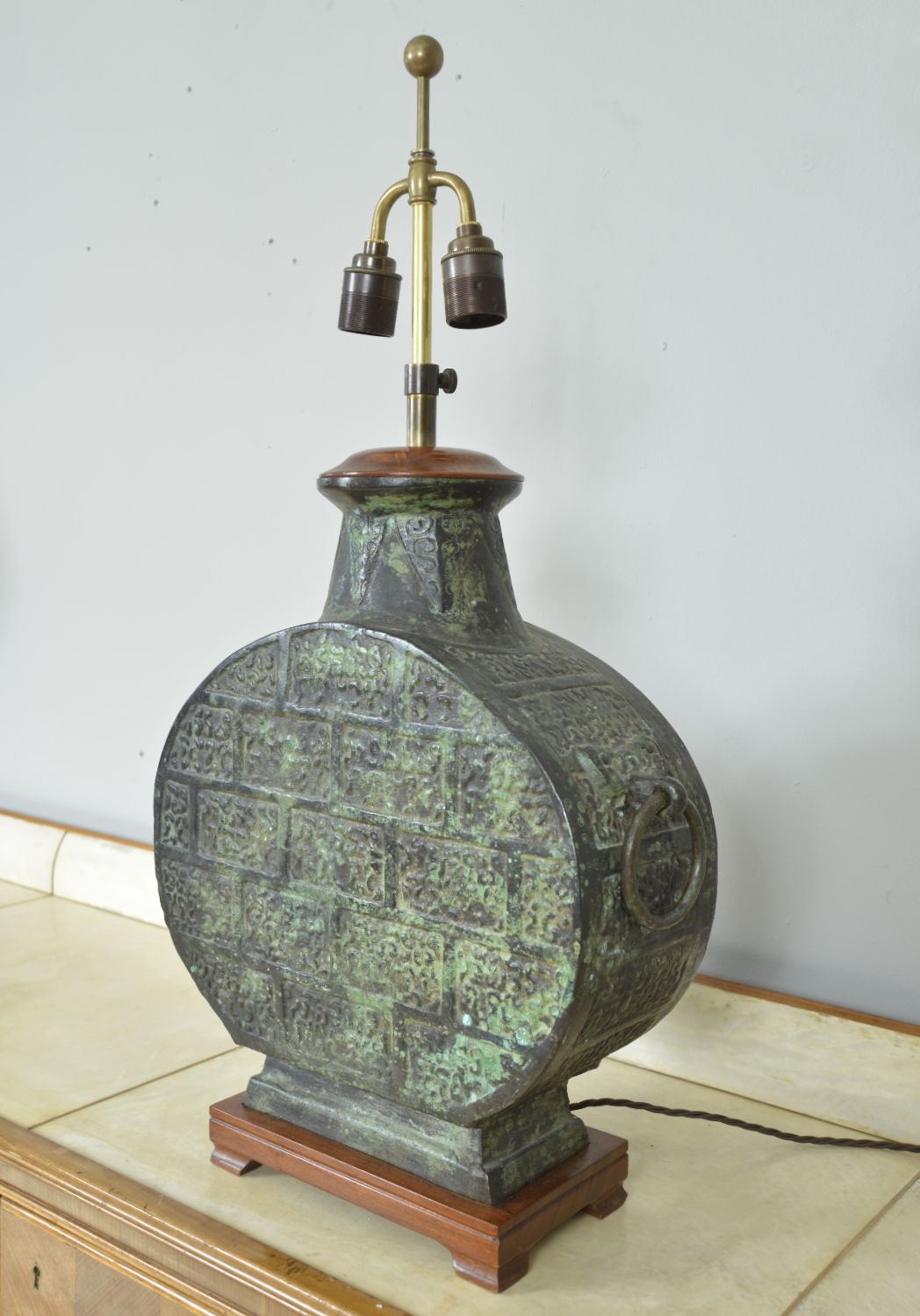 Heavy Chinese Bronze Moonflask Table Lamp Taotie Masks James Mont Han Dynasty Style Midcentury photo Lighting
