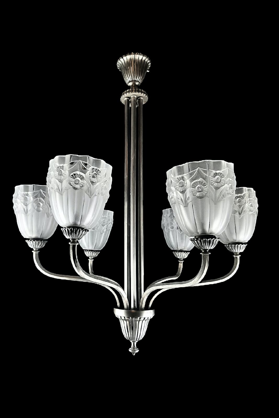 Art Deco Chandelier Elegant French 1930s Design Low 66cm Drop Glass Shades By Degue Daisies Model Nickel Plated Fixture photo 1080.0