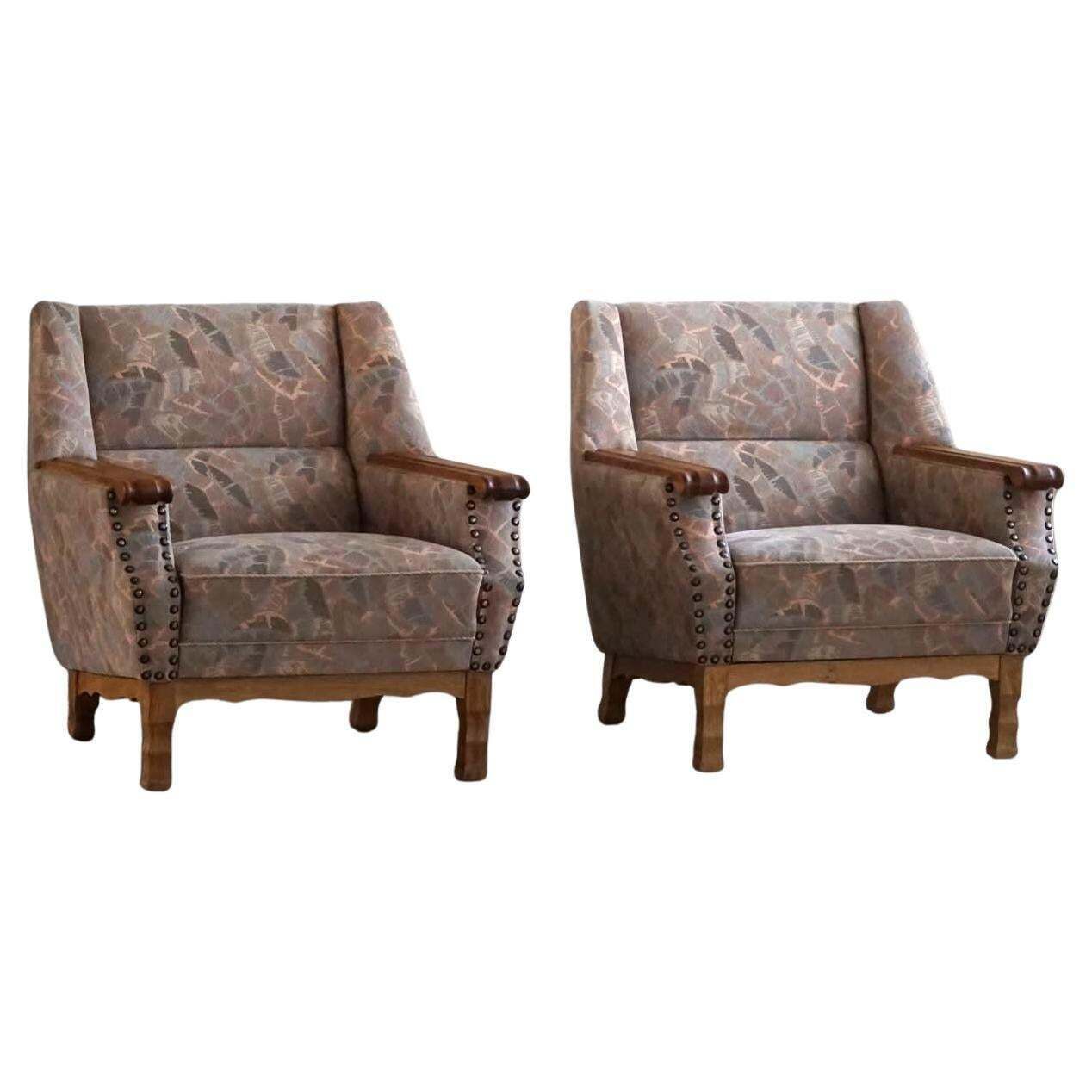 Danish Mid Century Modern, Pair Of Armchairs In Oak & Original Fabric, 1960s