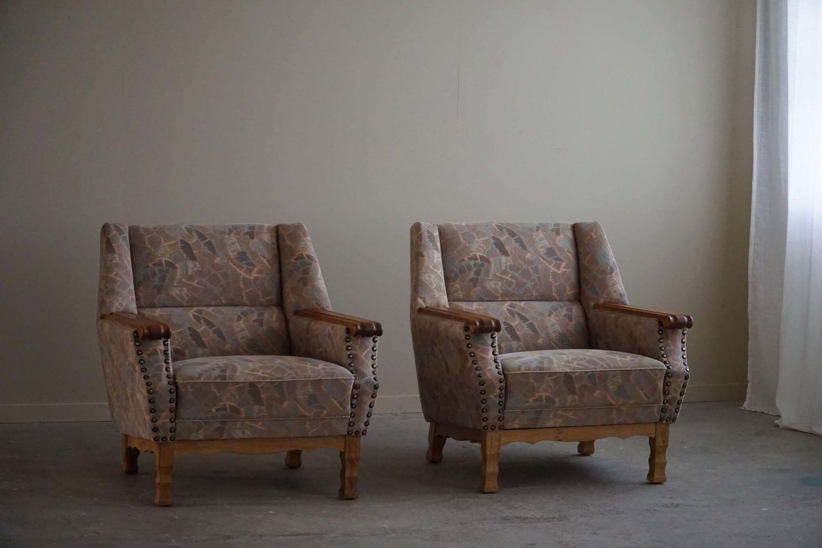 Danish Mid Century Modern, Pair Of Armchairs In Oak & Original Fabric, 1960s photo vintage
