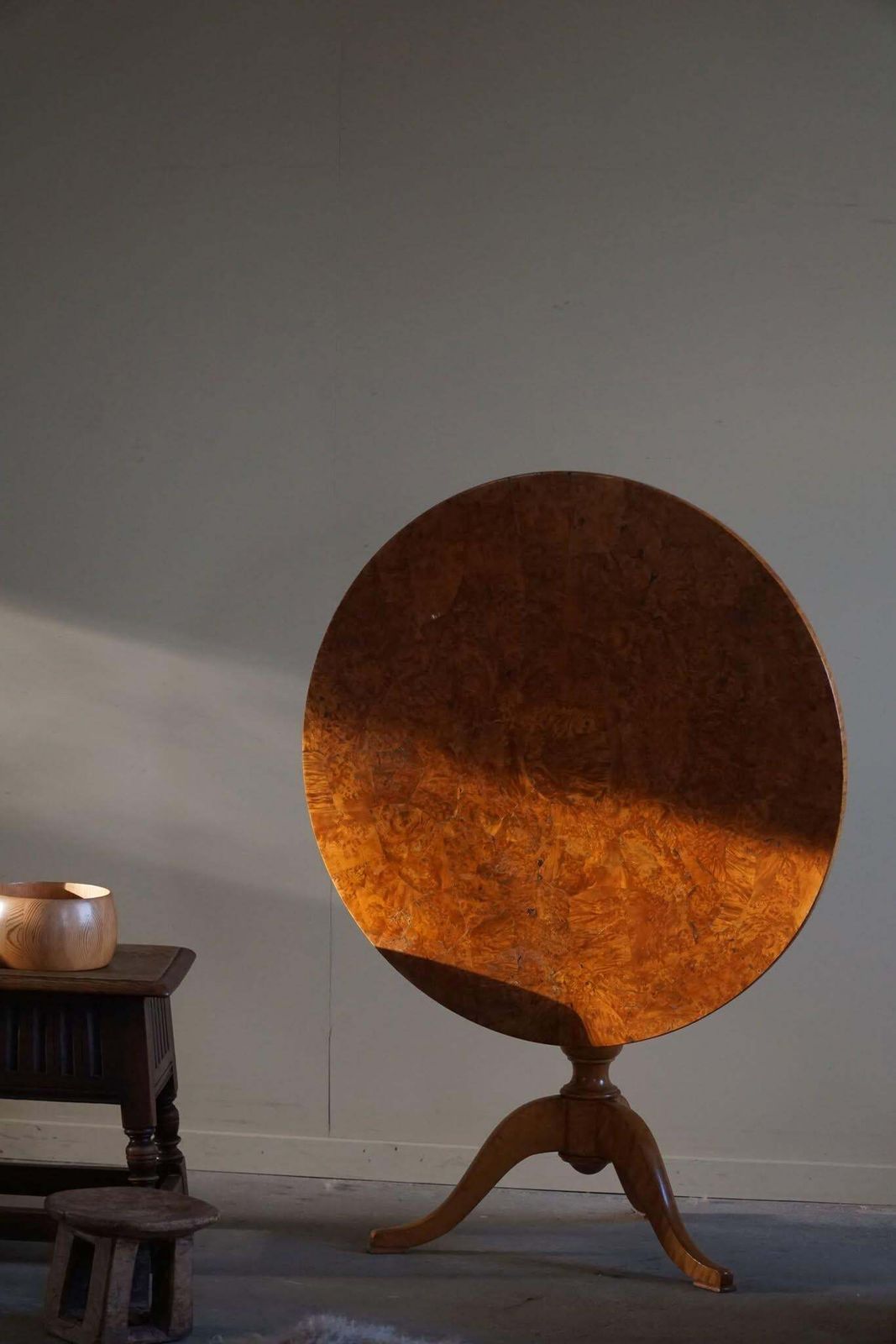 A Round Antique Swedish Folding Table In Burl Wood, Early 19th Century photo furniture