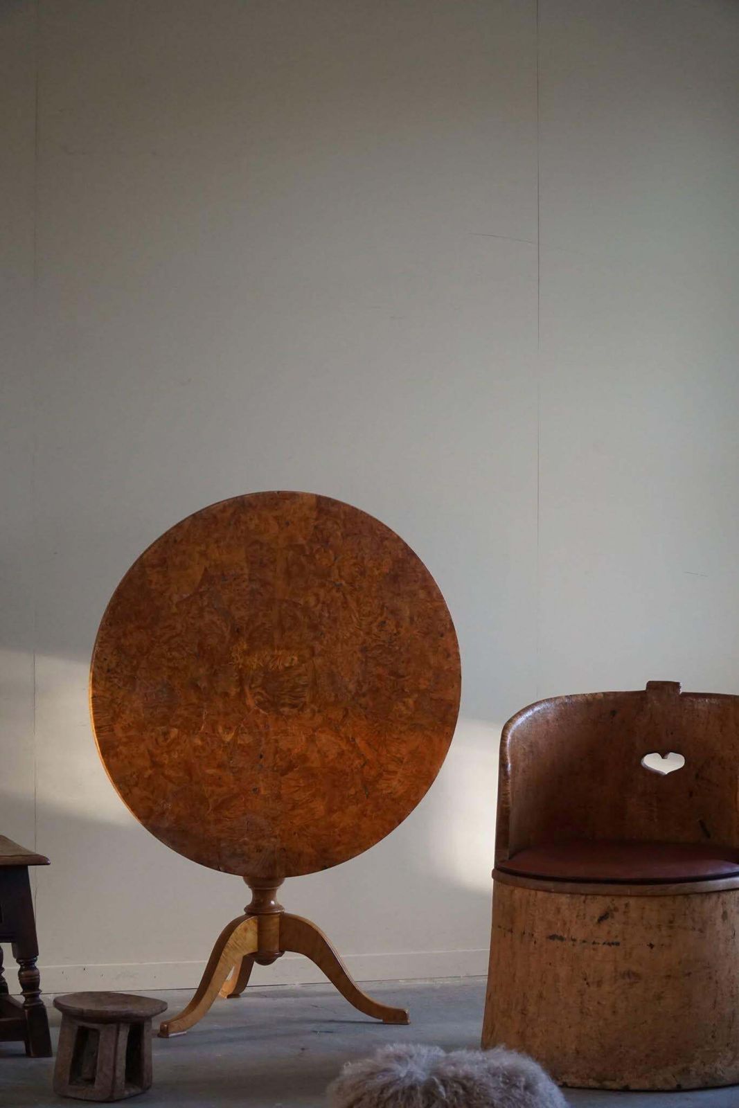 photo buy A Round Antique Swedish Folding Table In Burl Wood, Early 19th Century